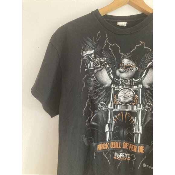 Vintage Popeye Cycle Club Tee Rock will never die T-Shirt Black 2010 Sz L - Picture 3 of 10